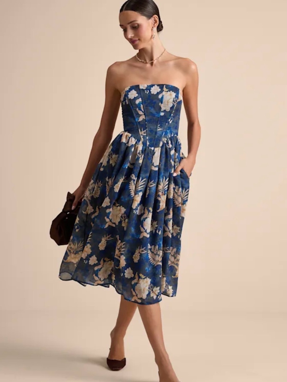 Lulu's Navy Blue Strapless Floral Midi Dress